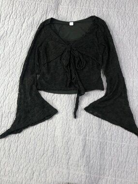 Gothic Top Women Small Black Lace Bell Sleeves Cropped Tie Front Blouse